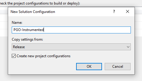 “New Solution Configuration”对话框，显示正在根据现有的发布 build 配置创建新的 PGO 插桩 build 配置