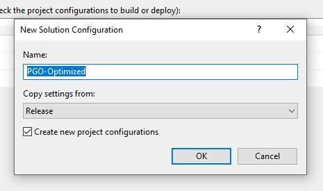 The New Solution Configuration dialog creating a build configuration based on
the Release build, but this time with PGO-Optimized as the new build
configuration name.