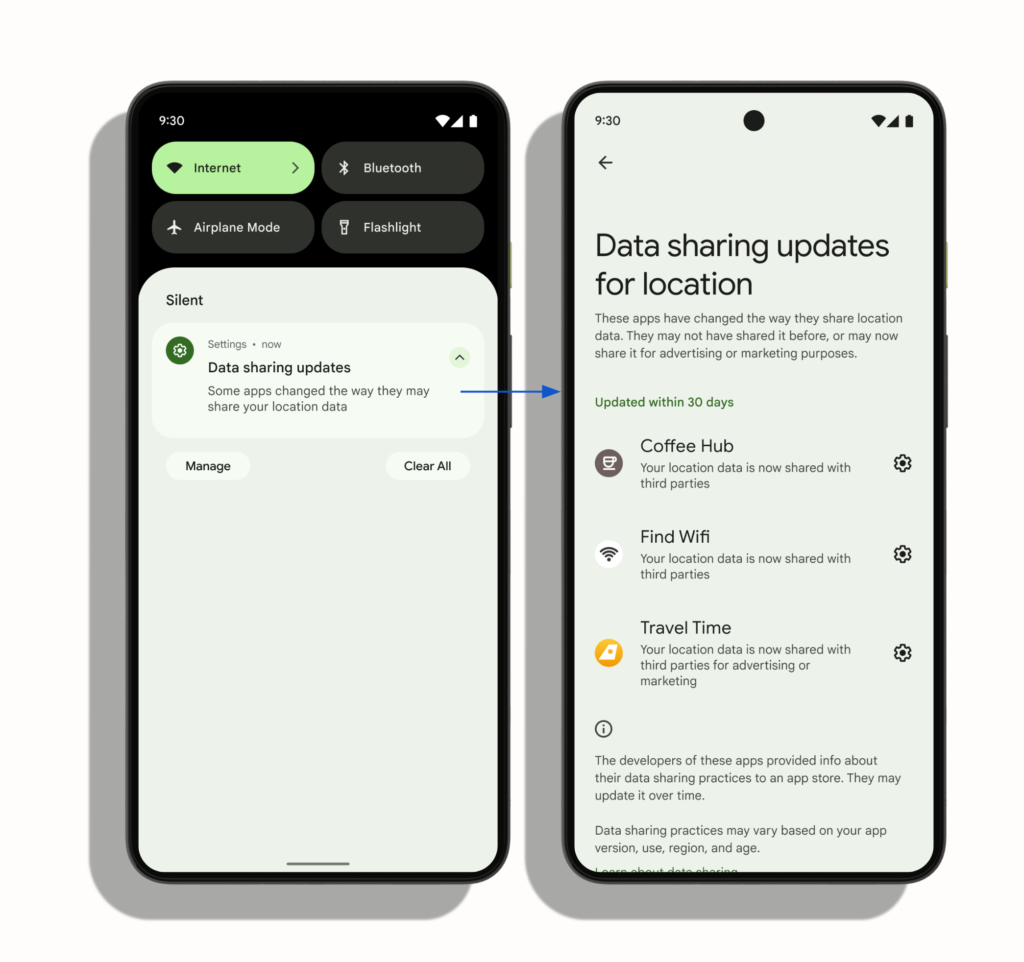 Cuando el usuario presiona cualquier parte en la notificación del sistema, se carga la página &quot;Actualizaciones sobre el uso compartido de los datos de ubicación&quot; en la configuración del sistema. Una lista cerca de la mitad de la pantalla muestra las apps que cambiaron sus prácticas de uso compartido de datos.