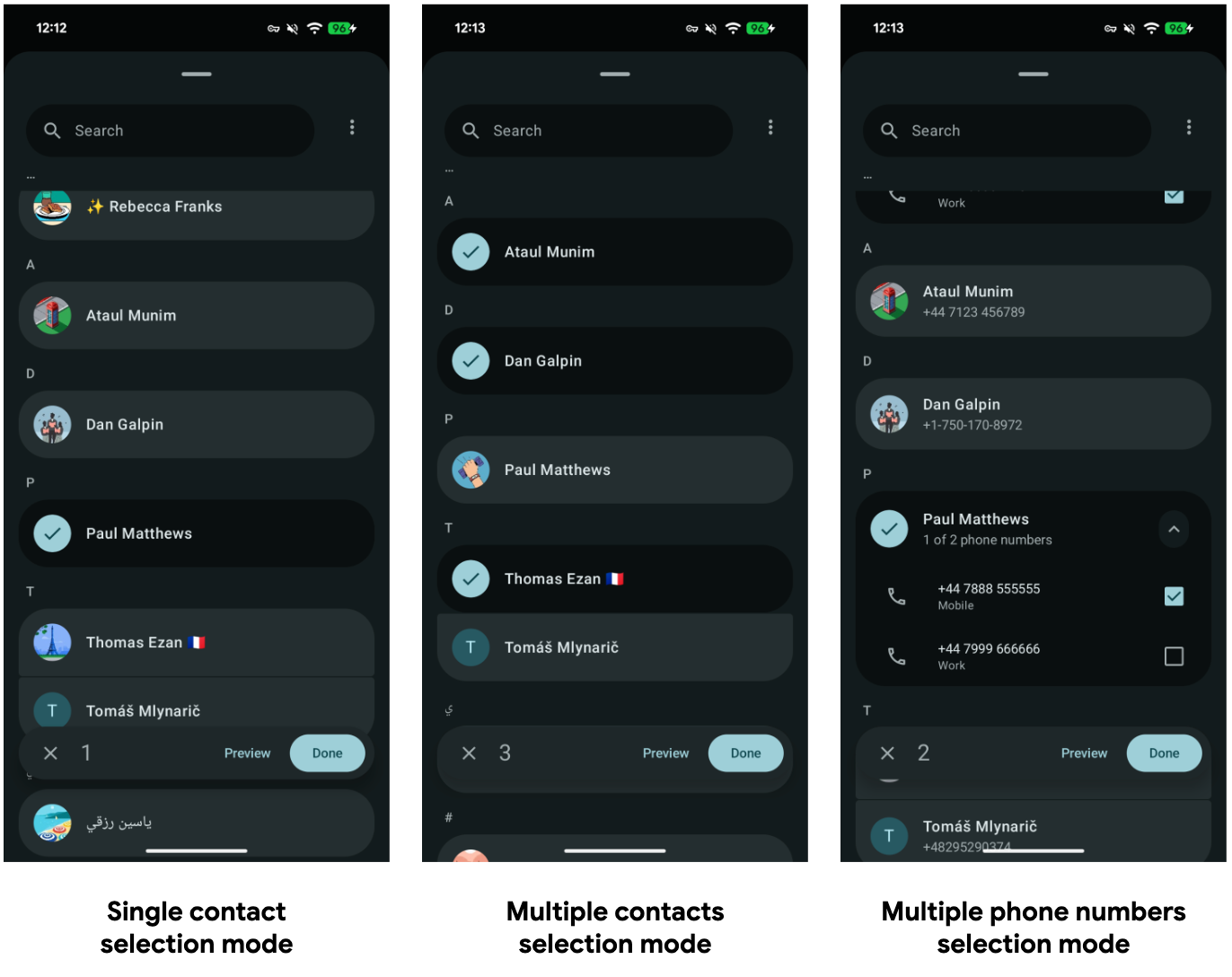 Los diferentes modos de IU del selector de contactos