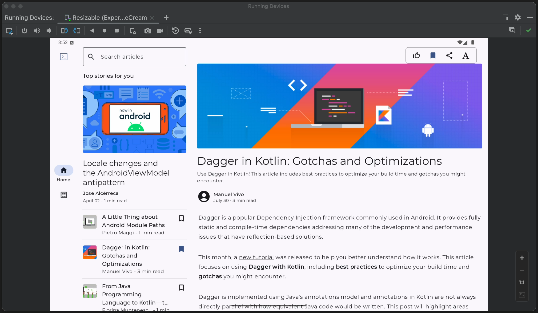 Android Emulator में, साइज़ बदलने वाला डिवाइस दिखाया गया है.