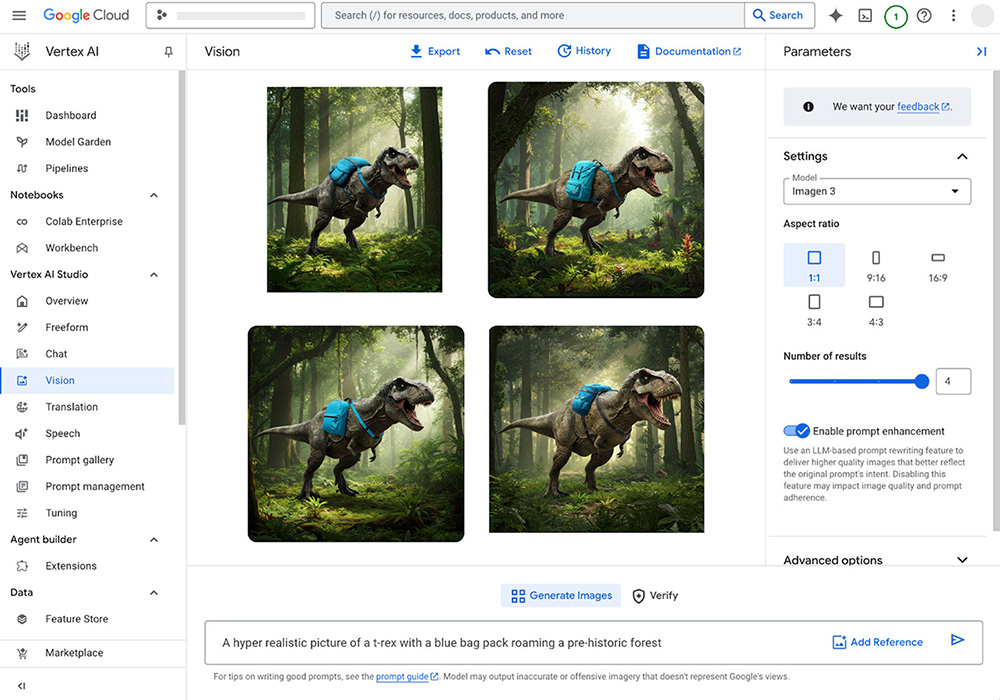 Google Cloud Vertex AI Studio 界面的屏幕截图,显示了四张生成的图片,其中显示了带有蓝色背包的霸王龙在史前森林中。左侧边栏显示信息中心、模型园和 Vision 等导航选项,右侧面板则包含图片生成设置的参数。
