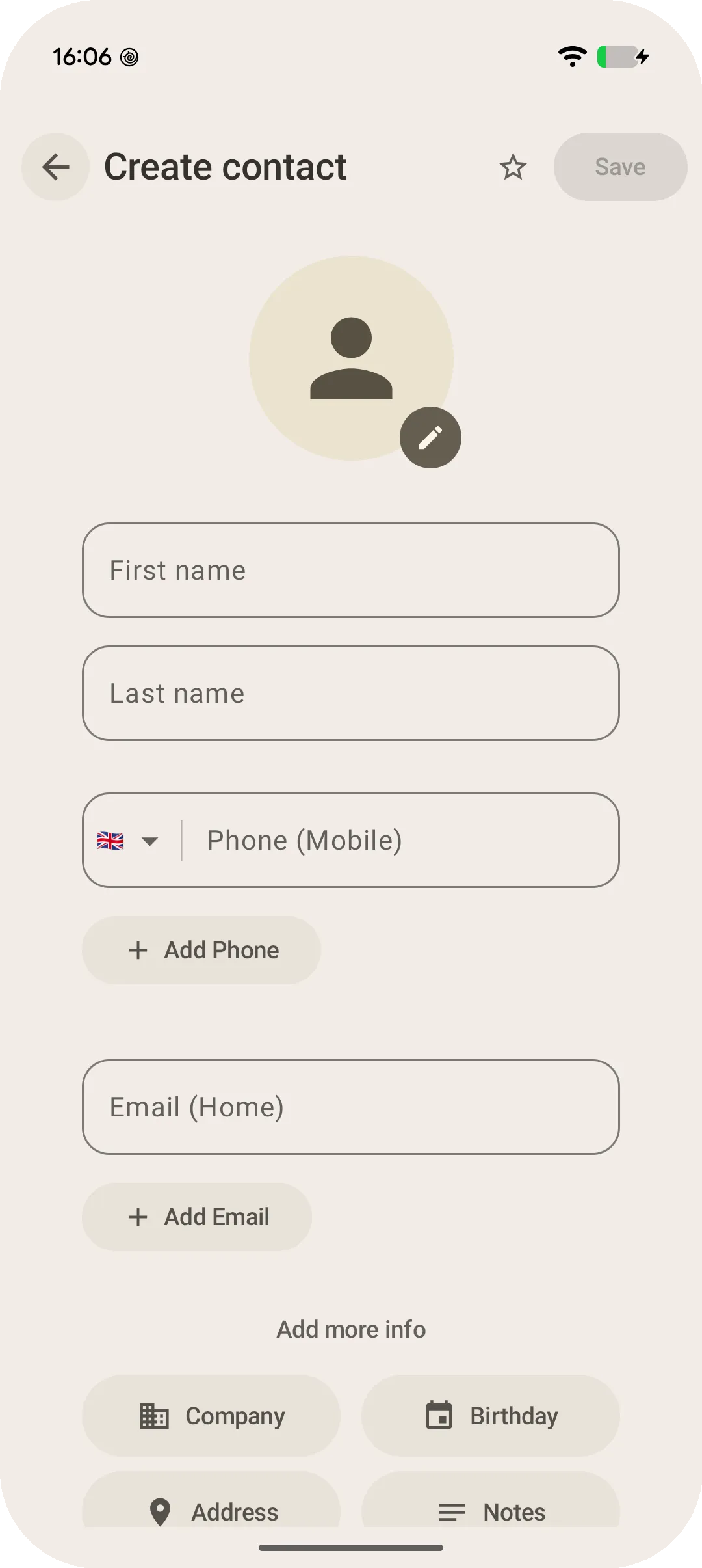 Screenshot 2 -  Title: Full-Sheet Mock of Create a New Contact: Screenshot of a tentative Android user interface showing a full-screen contact editor with an avatar selector, name, phone, and email fields. The design is labeled as ‘UX not Final’.