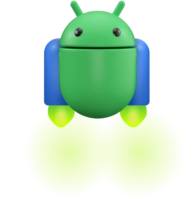 Ilustración en 3D de la mascota de Android, que lleva un jetpack que emite una gran nube de burbujas