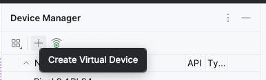 “设备管理器”工具栏中显示了两个菜单选项，包括“Create Virtual Device”。