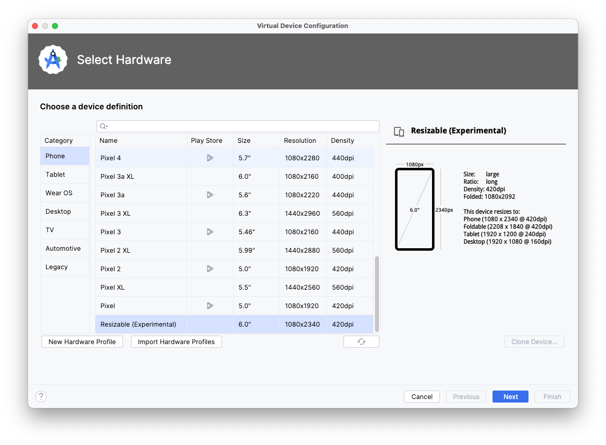 “Device Manager”窗口显示了一条选择设备定义的提示。系统显示了一系列选项，这些选项上面有一个搜索字段。类别