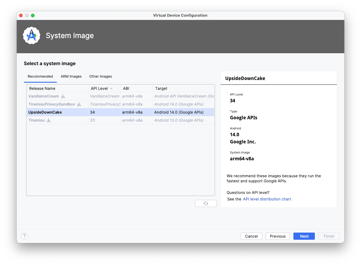 “Virtual Device Configuration”窗口显示了一条选择系统映像的提示。选择了 API 级别 34。