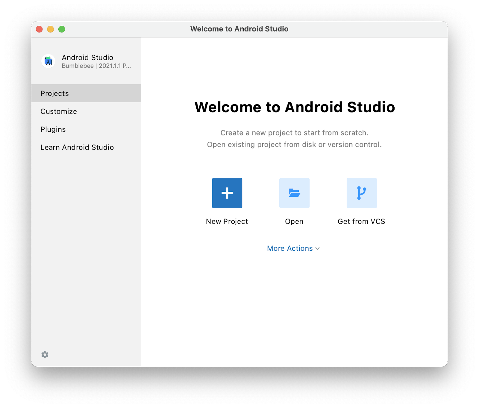 此图片显示的是 Android Studio 的起始页面