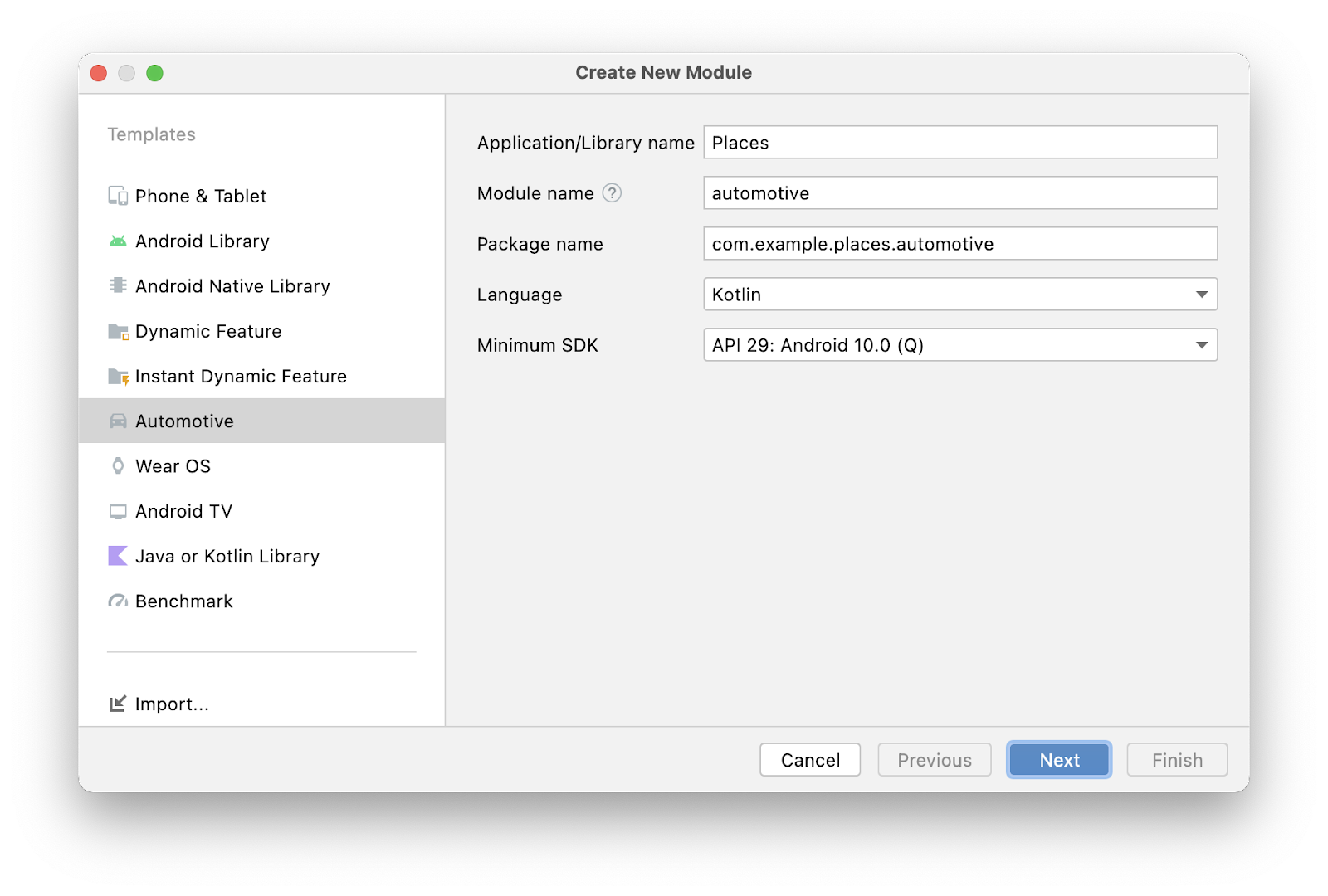 The Create New Module wizard for the Android Automotive OS module showing the values listed in this step.