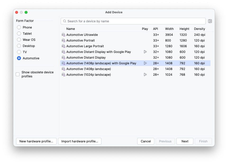 「Virtual Device Configuration」精靈顯示選取的硬體設定檔「Automotive (1024p landscape)」。