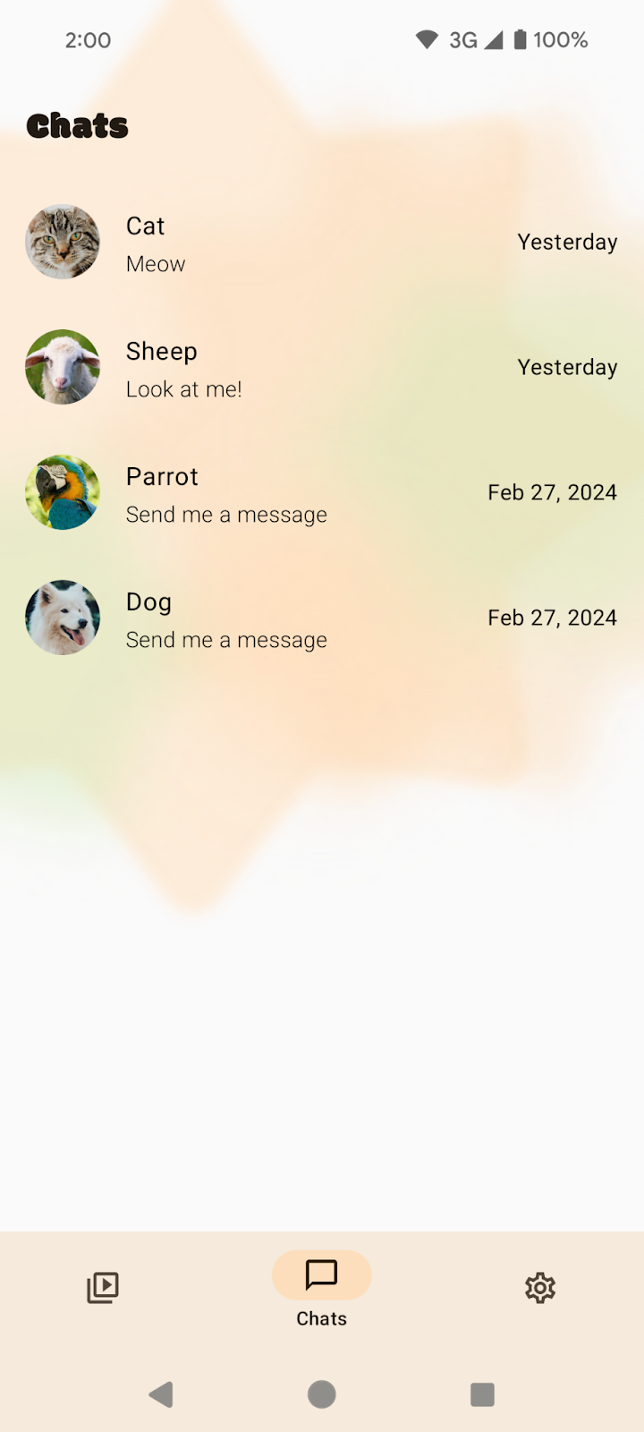 L&#39;application SociaLite avec la navigation à trois boutons.