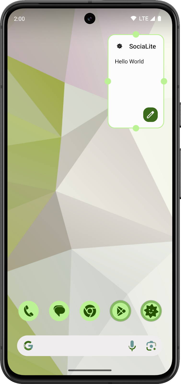一个 Android 主屏幕,其中显示尚处于开发阶段的 widget。该 widget 具有不透明背景和标题