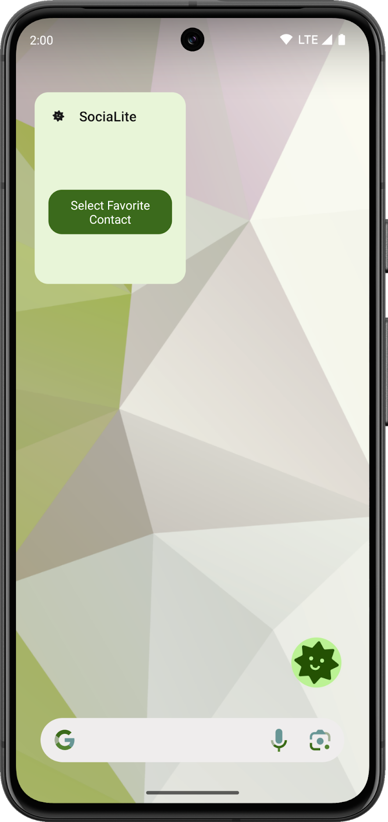一个 Android 主屏幕，其中显示 Socialite widget 的零状态。零状态有一个按钮。