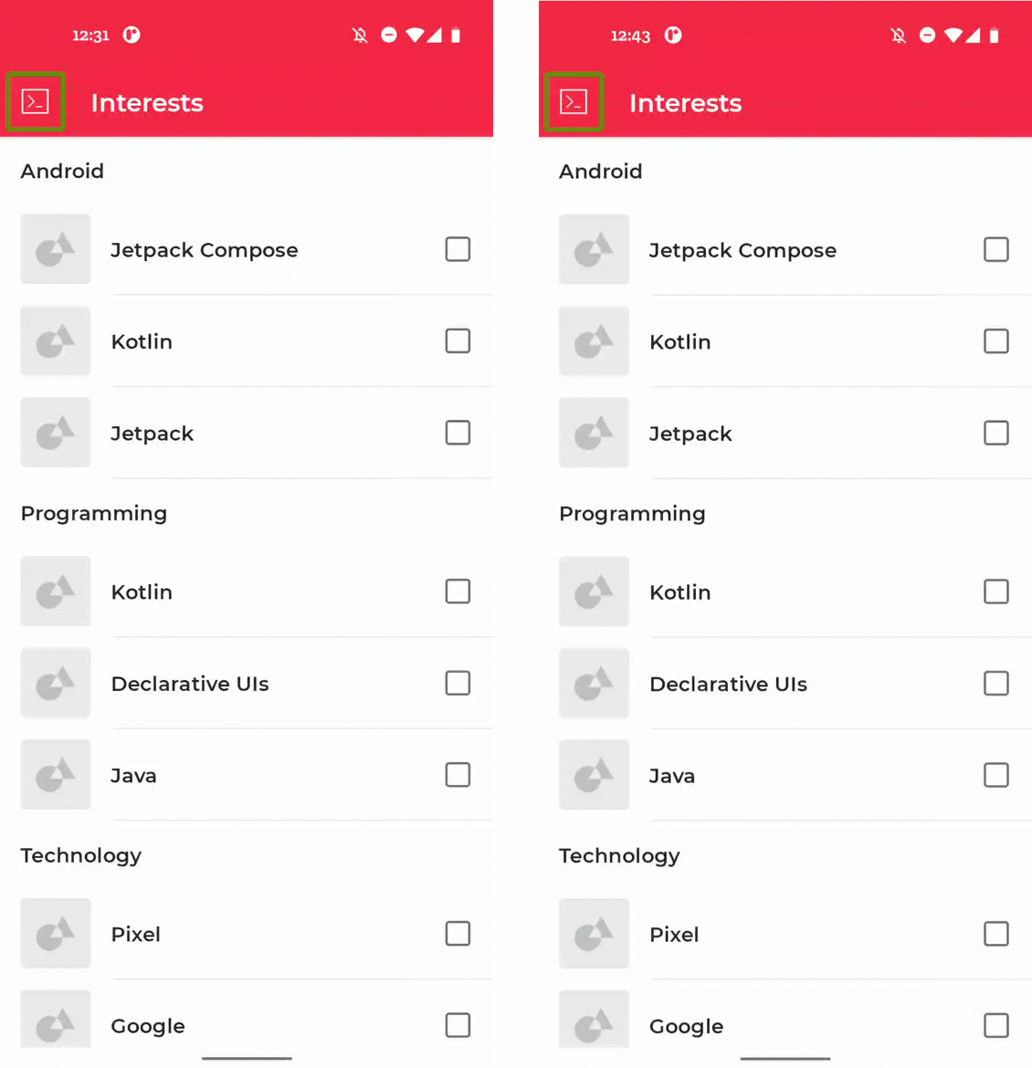 Dua rekaman layar dengan TalkBack diaktifkan dengan mengetuk topik di layar minat. Layar kiri mengumumkan &#39;Not ticked&#39;, sedangkan layar kanan mengumumkan &#39;Not subscribed&#39;.