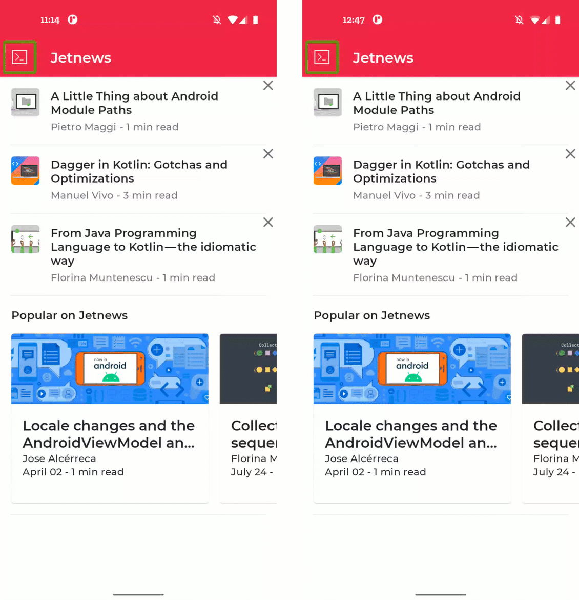 Deux enregistrements d&#39;écran pour lesquels TalkBack est activé. Il est possible d&#39;appuyer sur un article dans une liste verticale et sur un article dans un carrousel horizontal.
