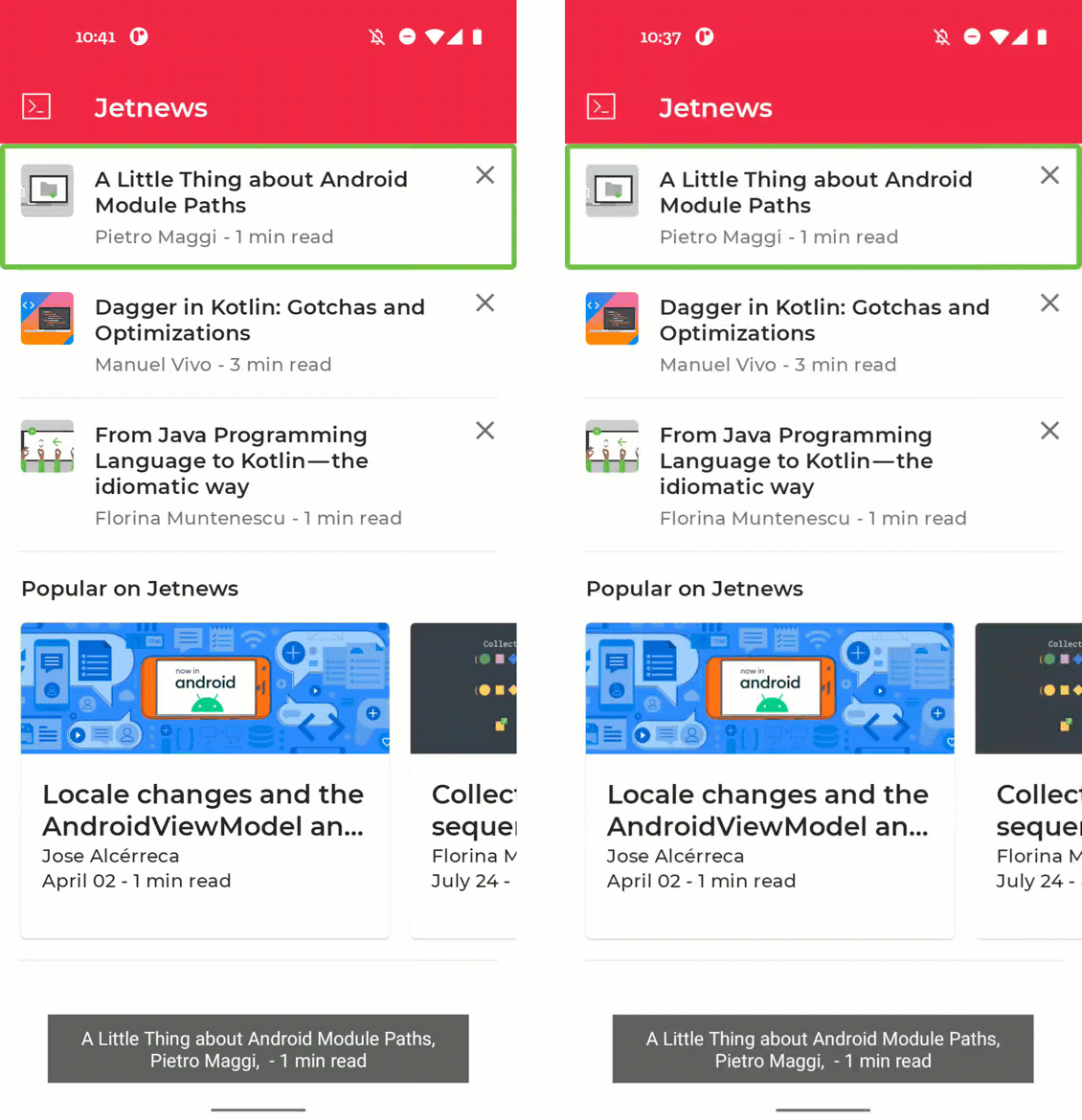Dua rekaman layar dengan TalkBack diaktifkan. Layar di sebelah kiri menunjukkan cara memilih ikon silang pada item postingan. Mengetuk dua kali akan membuka dialog. Layar di sebelah kanan menampilkan gestur ketuk tiga kali untuk membuka menu Tindakan kustom. Mengetuk tindakan &#39;Show fewer of this&#39; akan membuka dialog yang sama.