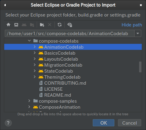 Como importar o codelab de animação para o Android Studio