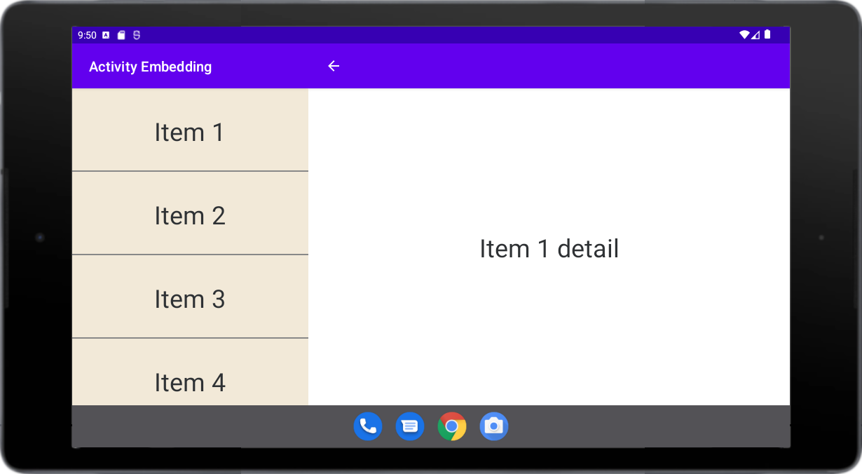 Activités &quot;Liste&quot; et &quot;Détail&quot; côte à côte en mode paysage sur une petite tablette