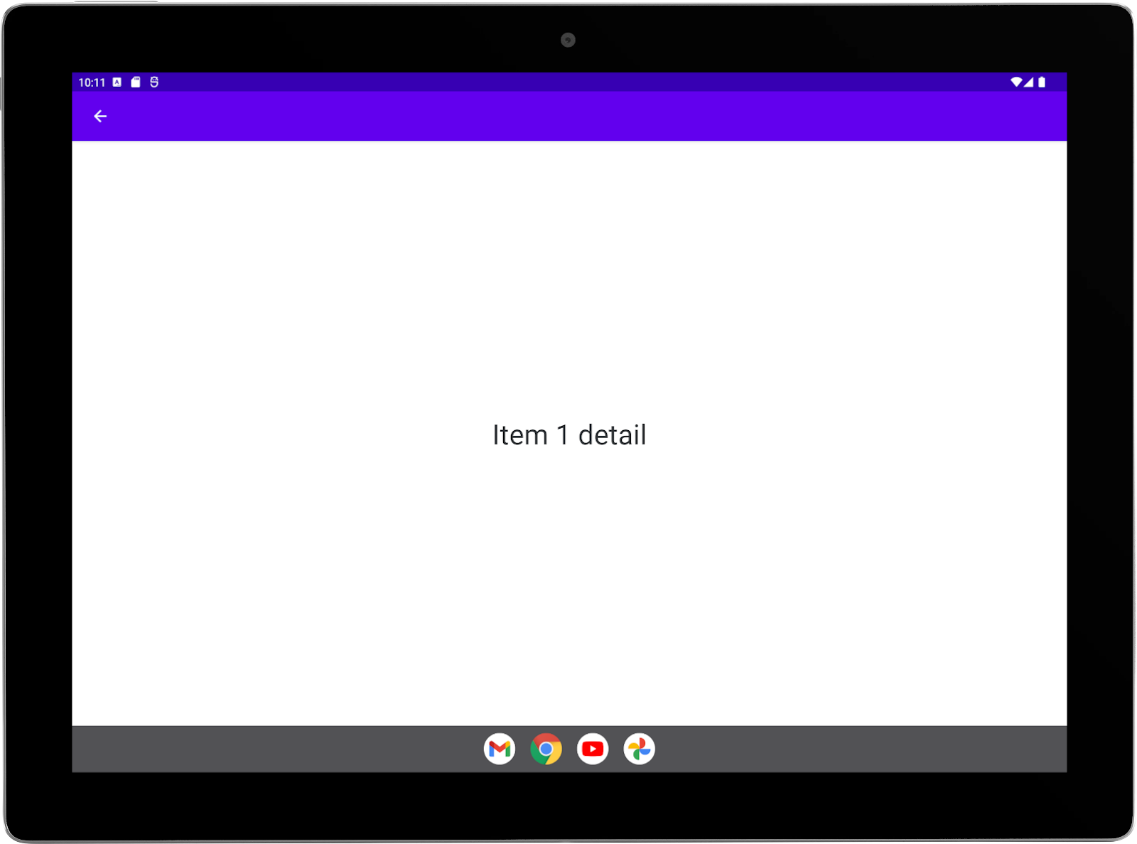 Grande tablette avec une application exemple exécutée en mode paysage Activité &quot;Détail&quot; en plein écran