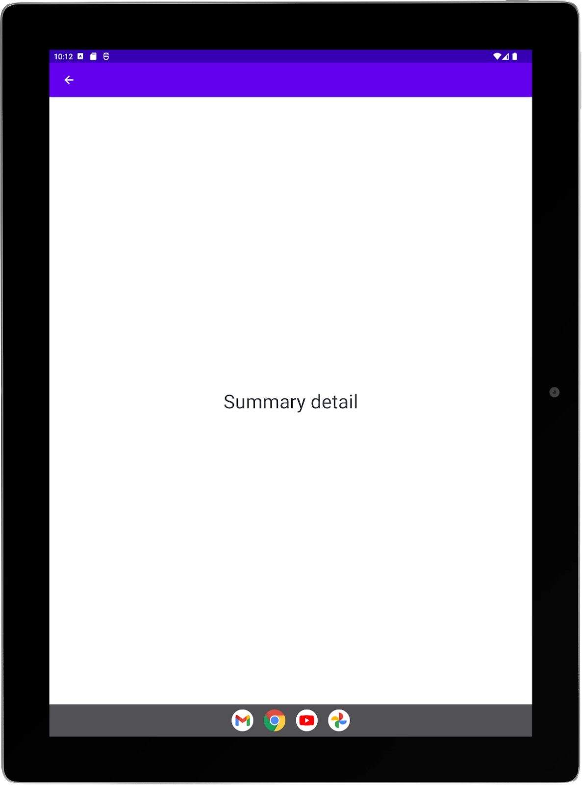 Grande tablette avec une application exemple exécutée en mode portrait Activité &quot;Summary&quot; (Résumé) en plein écran