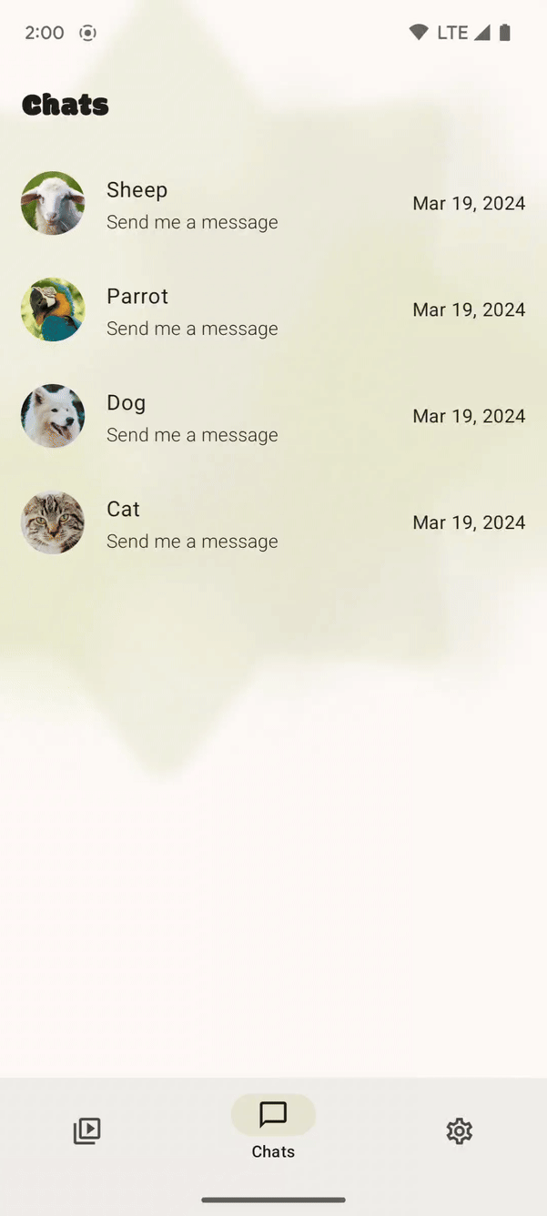 L&#39;appli SociaLite avec les animations pour la prévisualisation du Retour par défaut de l&#39;appli.