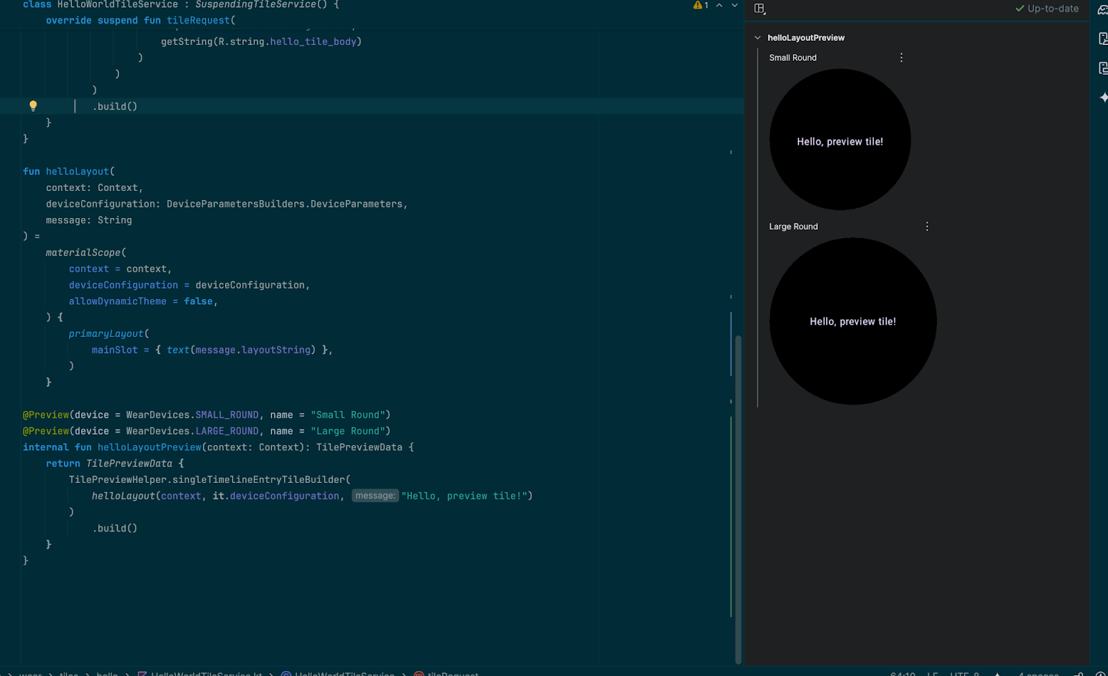 Android Studio 的分屏视图，左侧是预览代码，右侧是功能块图片。