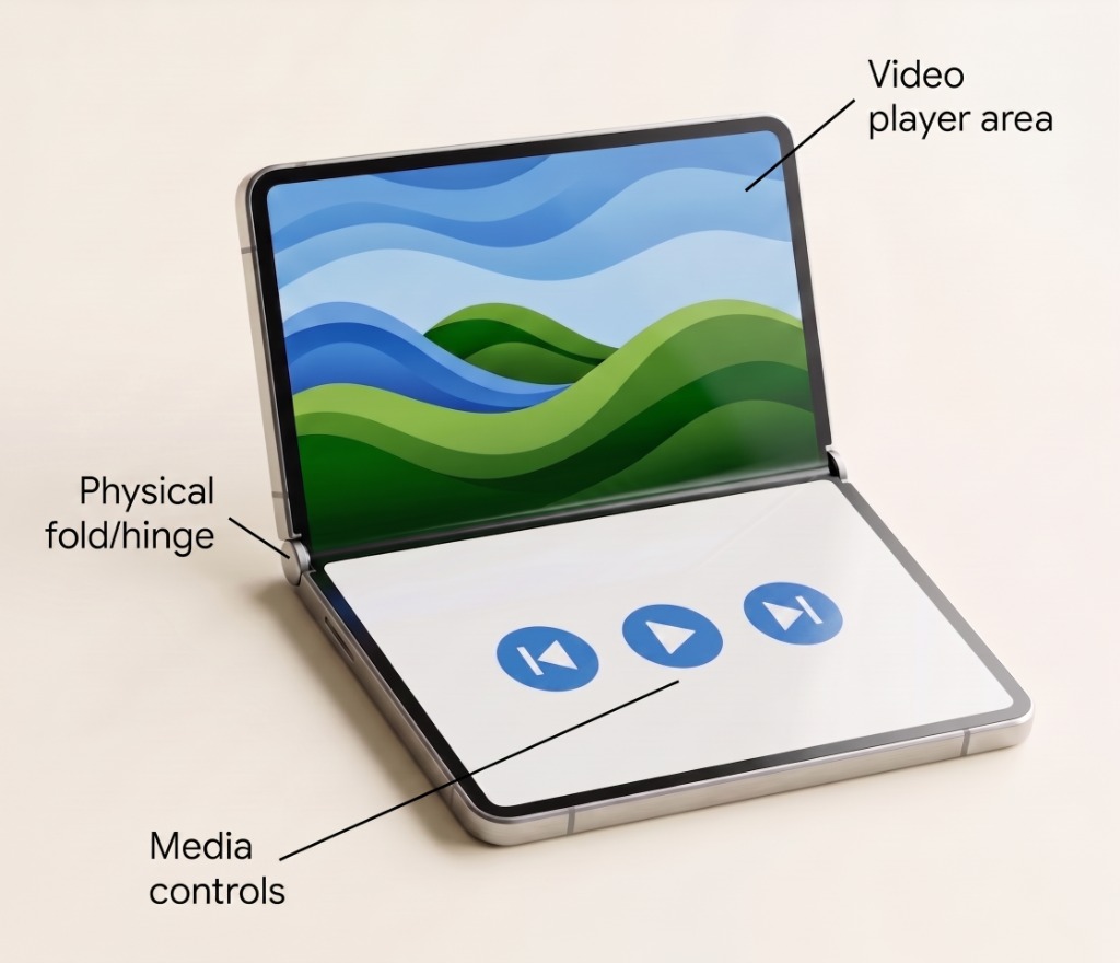 Foldable device in tabletop posture showing video content on the top screen and playback controls on the bottom screen.
