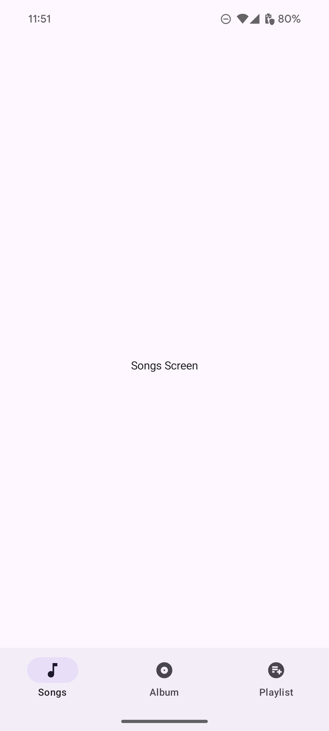 應用程式畫面，底部導覽列以水平方式列出 3 個目的地：「歌曲」、「專輯」和「播放清單」。每個目的地都有相關聯的圖示 (例如「歌曲」的音符)。