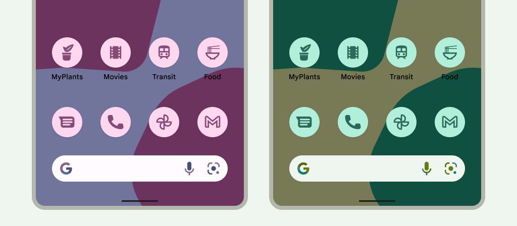 Ejemplo de tres dispositivos Android, cada uno con un tema de usuario diferente con distintos tonos: el primero muestra un fondo de pantalla con un tono oscuro; el segundo, un fondo de pantalla con un tono dorado; el tercero, un fondo de pantalla con un tono gris claro con tonos azulados. En cada ejemplo, los íconos heredaron el tinte del fondo de pantalla y se combinan a la perfección.