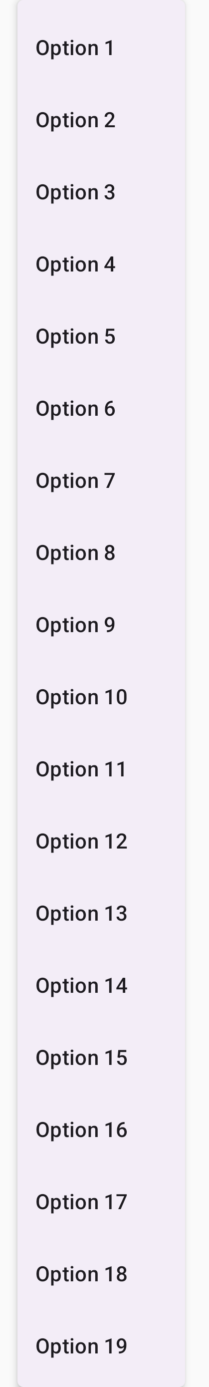 Un menu a discesa con molte opzioni, che richiede lo scorrimento per visualizzare tutti gli elementi.