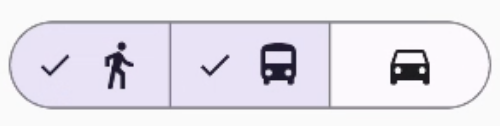 מוצג רכיב של כפתור מחולק עם האפשרויות &#39;הליכה&#39;, &#39;נסיעה&#39; ו&#39;נהיגה&#39;. אפשרויות ההליכה והנסיעה מסומנות כרגע.