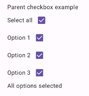 Eine Reihe von Kästchen mit Labels, die alle aktiviert sind. Die erste ist mit „Alle auswählen“ gekennzeichnet. Darunter befindet sich eine Textkomponente mit dem Text „Alle Optionen ausgewählt“.
