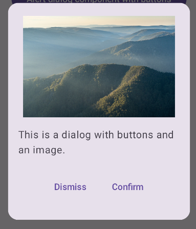 Dialog dengan foto Gunung Feathertop, Victoria. Di bawah gambar terdapat tombol tutup dan tombol konfirmasi.