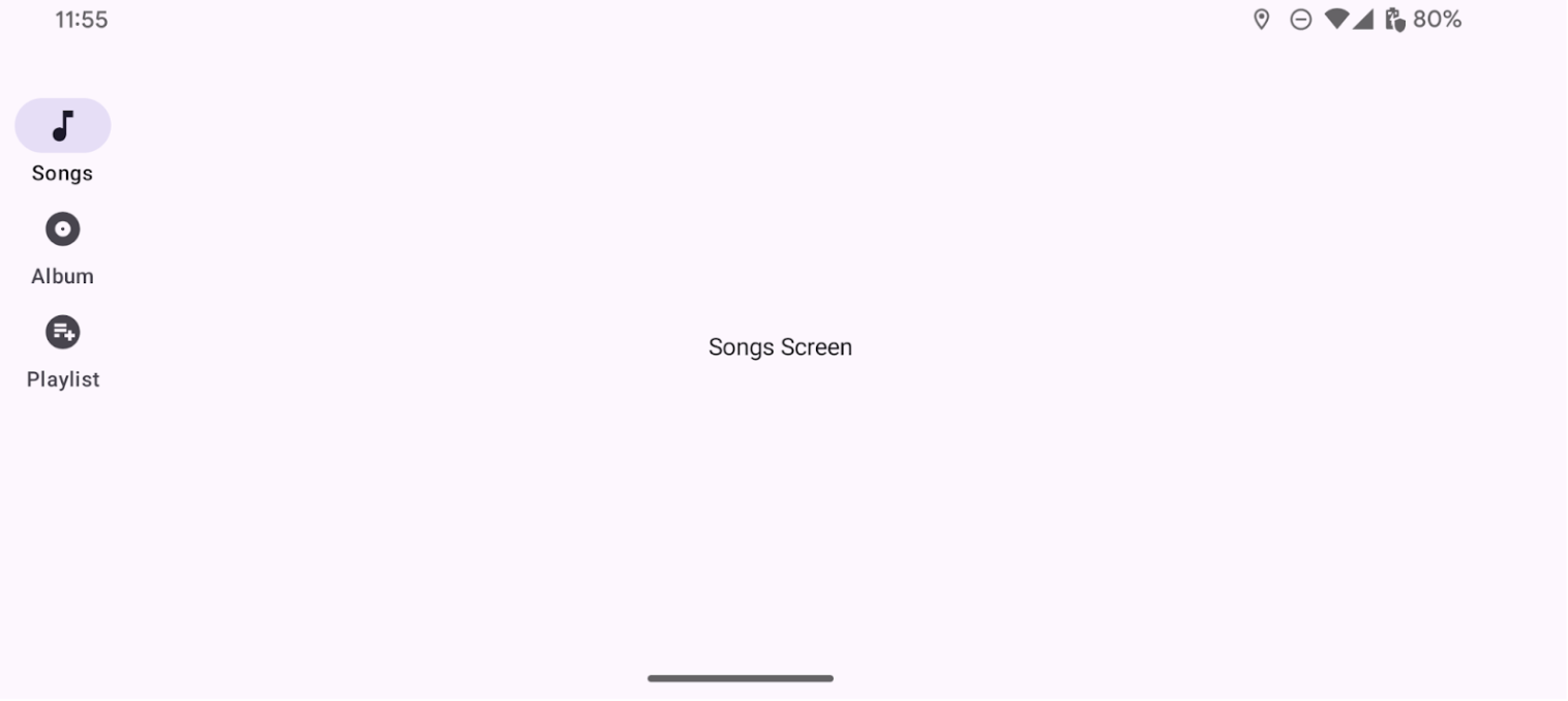 一个垂直导航栏,其中包含 3 个带有关联图标的目的地:歌曲、专辑和播放列表。图标直观地指明侧边栏中每个导航按钮的用途。每个目的地都与相关的图标搭配使用(例如,音乐符号表示