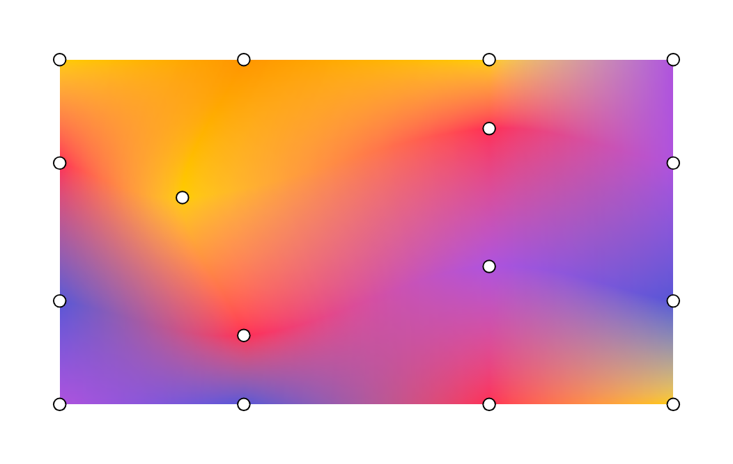 Gradiente de malha com pontos de controle de Bézier e cores de onda, e os pontos de malha ilustrados na parte de cima.