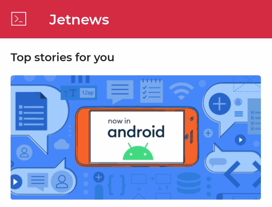 La app de muestra de JetNews, que usa Scaffold para posicionar varios elementos 