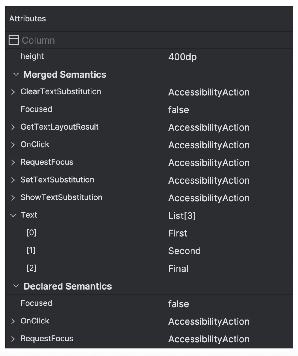 מידע סמנטי שמוצג באמצעות הכלי Layout Inspector.