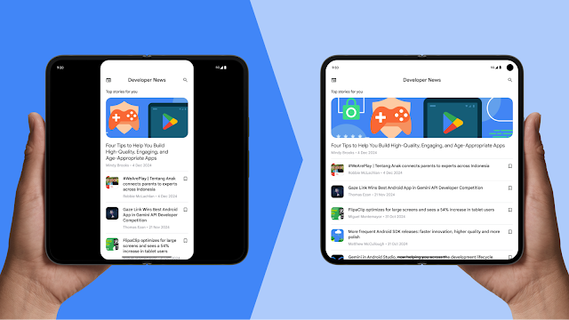 Die App wird auf einem aufgeklappten Gerät mit großem Display vor Android 16 im Letterbox-Format angezeigt, bei Ausrichtung auf Android 16 jedoch im Vollbildmodus. In der App werden mehr Nachrichten angezeigt, wenn der Vollbildmodus statt des Letterbox-Effekts verwendet wird.