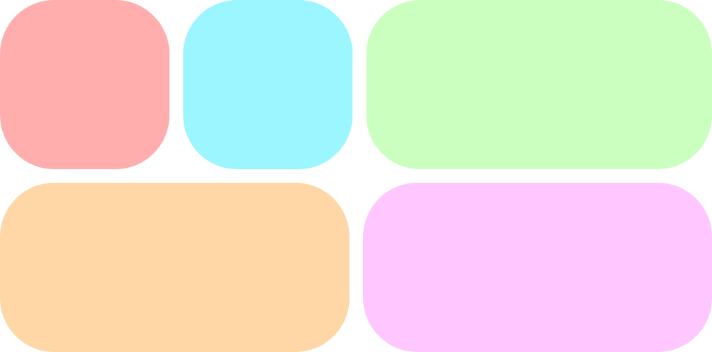 Due righe di elementi colorati, con tre elementi di dimensioni diverse distribuiti nella riga superiore e due elementi di dimensioni diverse nella riga inferiore.