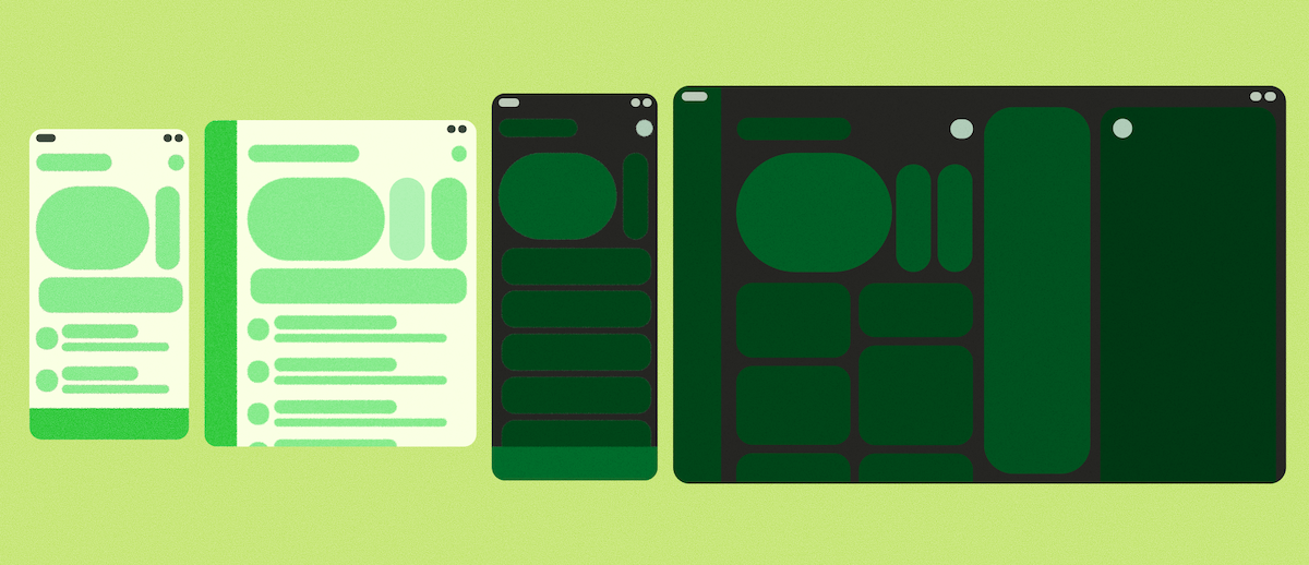 A landscape foldable in closed and fully open postures next to a trifold in closed and fully open postures.