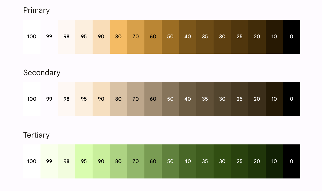 แอปตัวอย่างการตอบกลับ: จานสีโทนหลัก รอง และเสริม (จากบนลงล่าง)