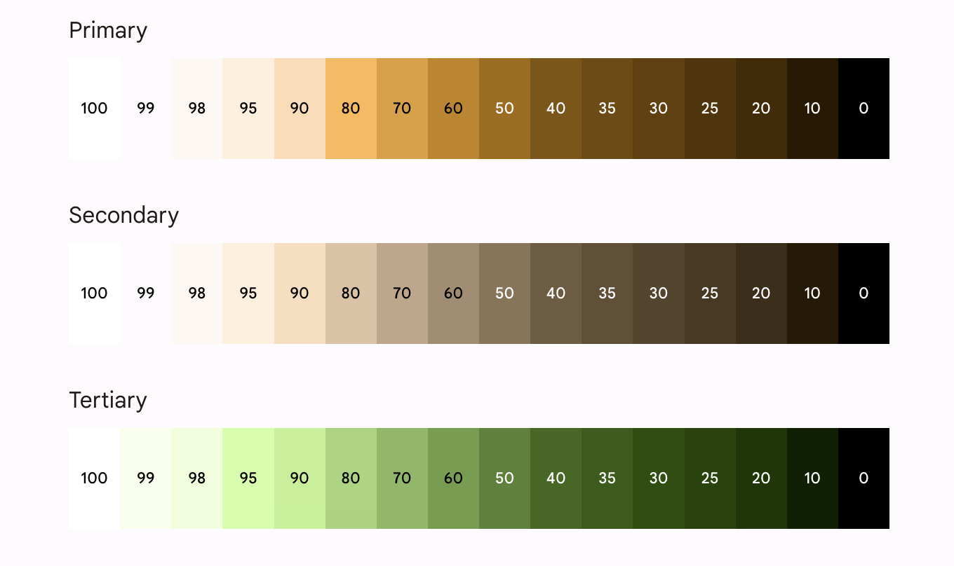 Application exemple Reply: Palette tonale principale, secondaire et tertiaire (de haut en bas)