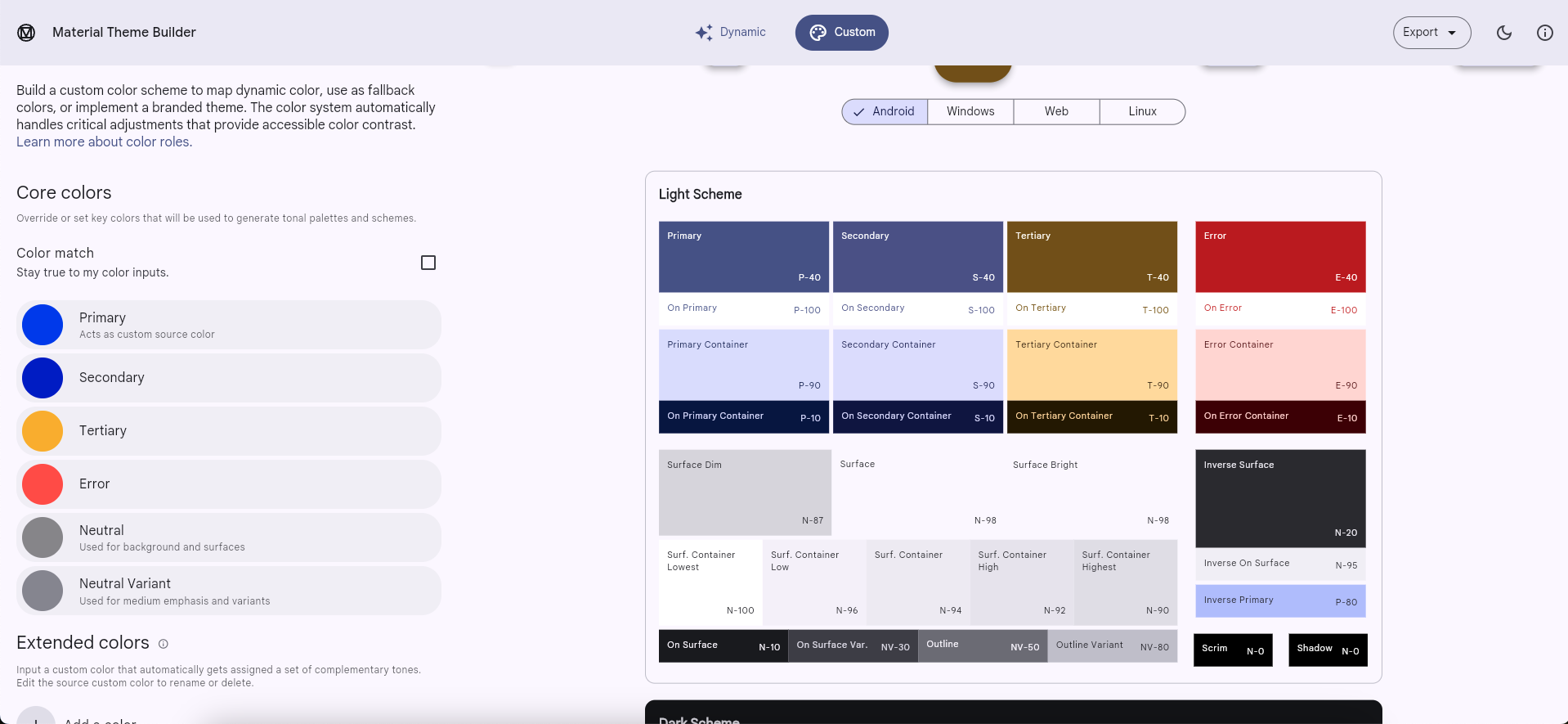 Warna M2 yang digunakan di Material Theme Builder untuk membuat skema warna M3