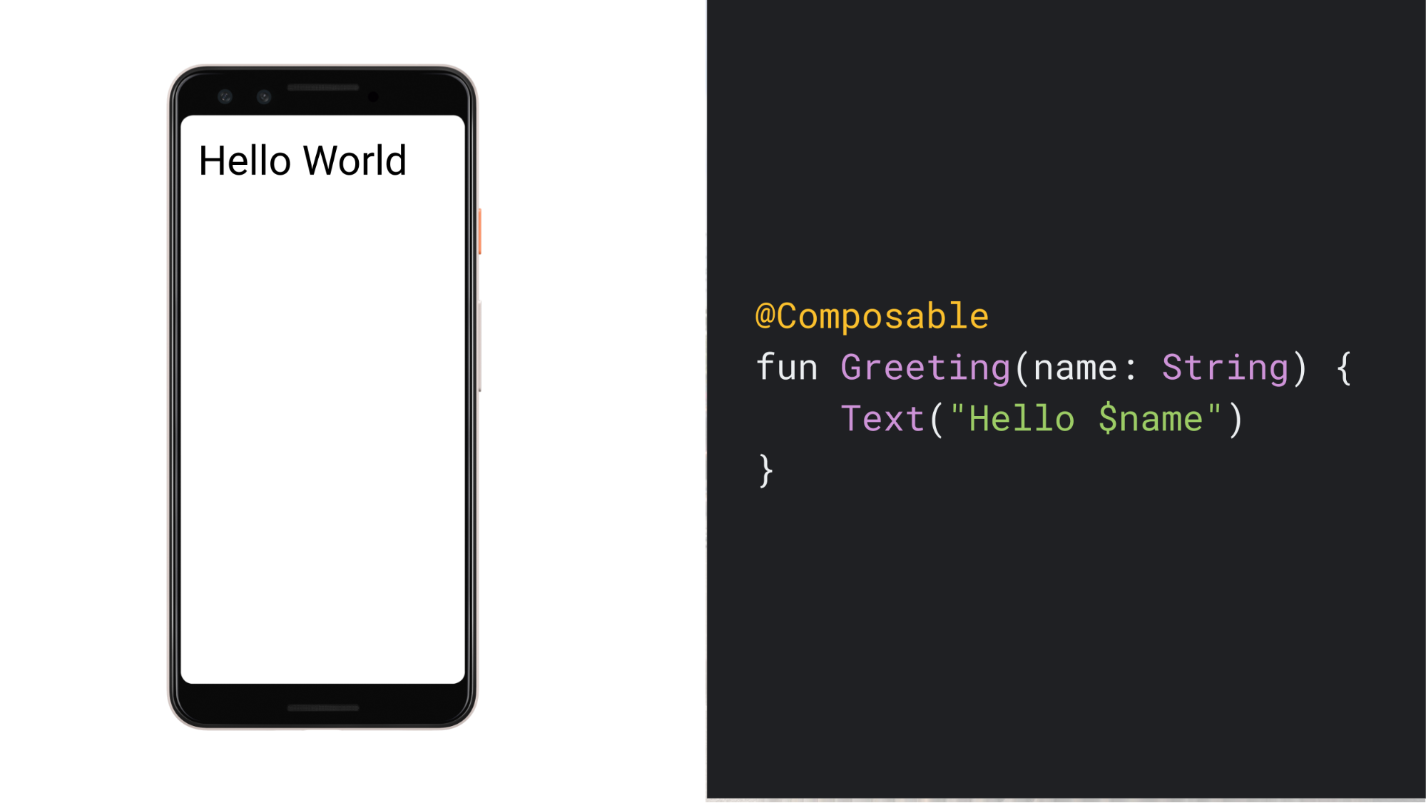 Captura de pantalla de un teléfono que muestra el texto &quot;Hello World&quot; y el código de la función de componibilidad simple que genera esa IU