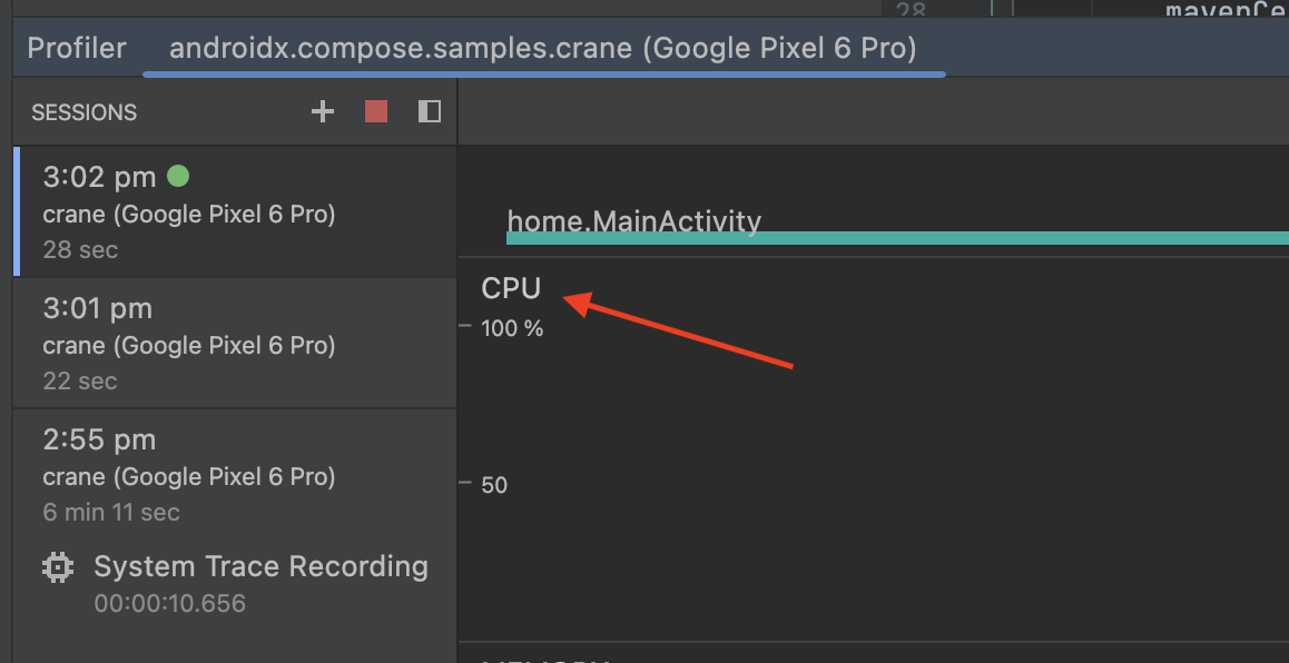 เครื่องมือวิเคราะห์ Android Studio - ไทม์ไลน์ CPU