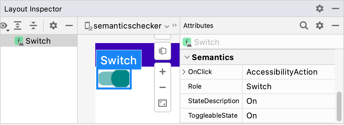 Layout Inspector mit den Semantics-Properties eines Switch-Composeables