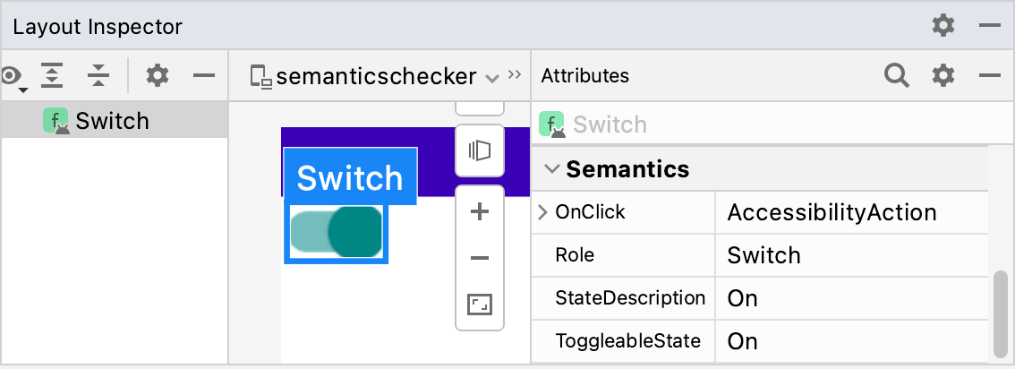 Layout Inspector menampilkan properti Semantik composable Switch