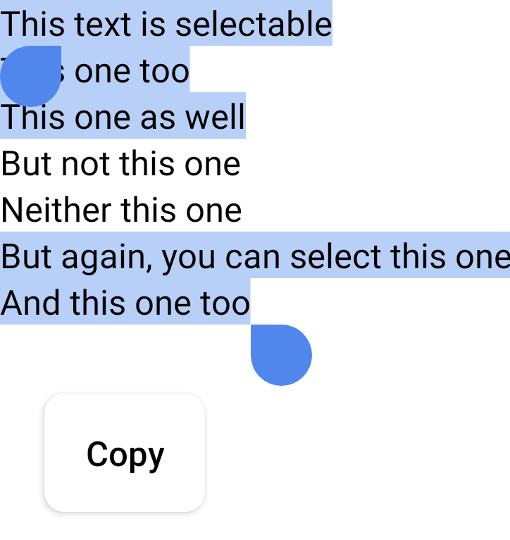 مقطع نصي أطول حاول المستخدم اختيار الفقرة بأكملها، ولكن بما أنّ سطرَين تم تطبيق DisableSelection عليهما، لم يتم اختيارهما.