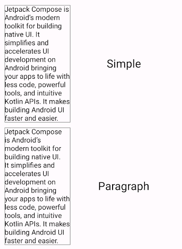 Ein Textblock mit einer einfachen Zeilenumbruchstrategie im Vergleich zu einem Textblock mit einer für Absätze optimierten Umbruchstrategie. Der Textblock mit der einfachen Strategie für Zeilenumbrüche weist eine größere Variabilität bei den Zeilenlängen auf.