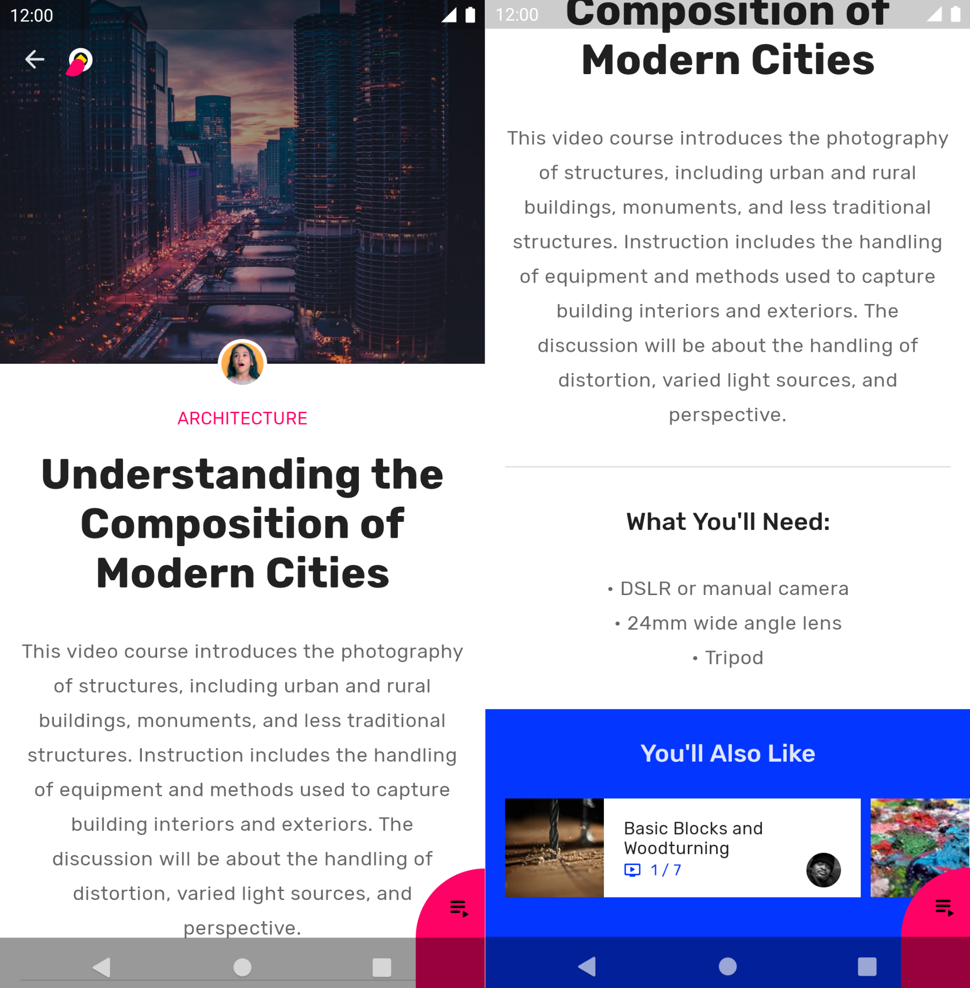 Screenshot di un'app che mostra temi nidificati, con un tema rosa per la schermata principale e un tema blu per una sezione correlata